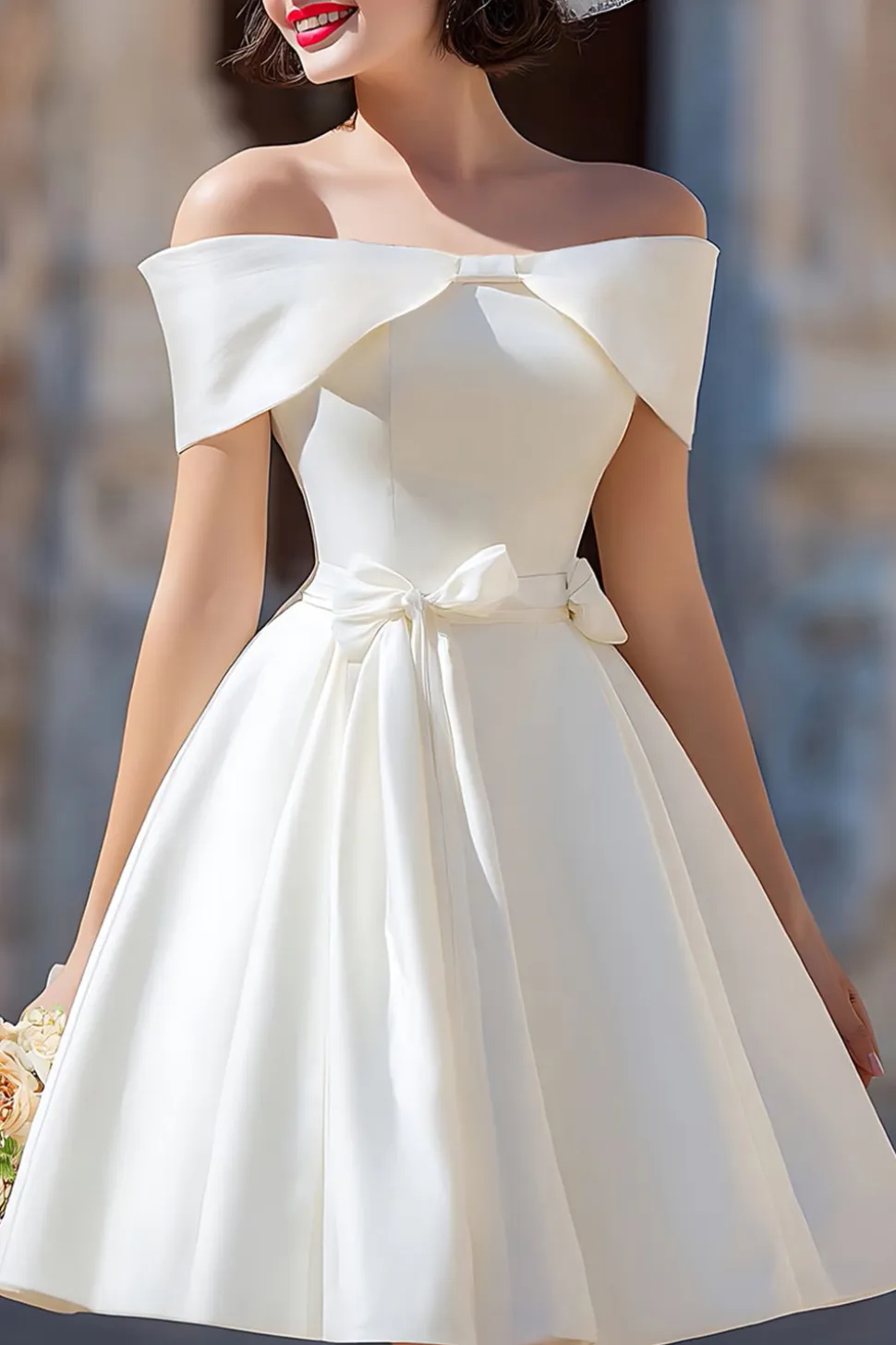 Cetim Branco Sobre os Ombros A Linha Curta Vestido de Noiva com Laços