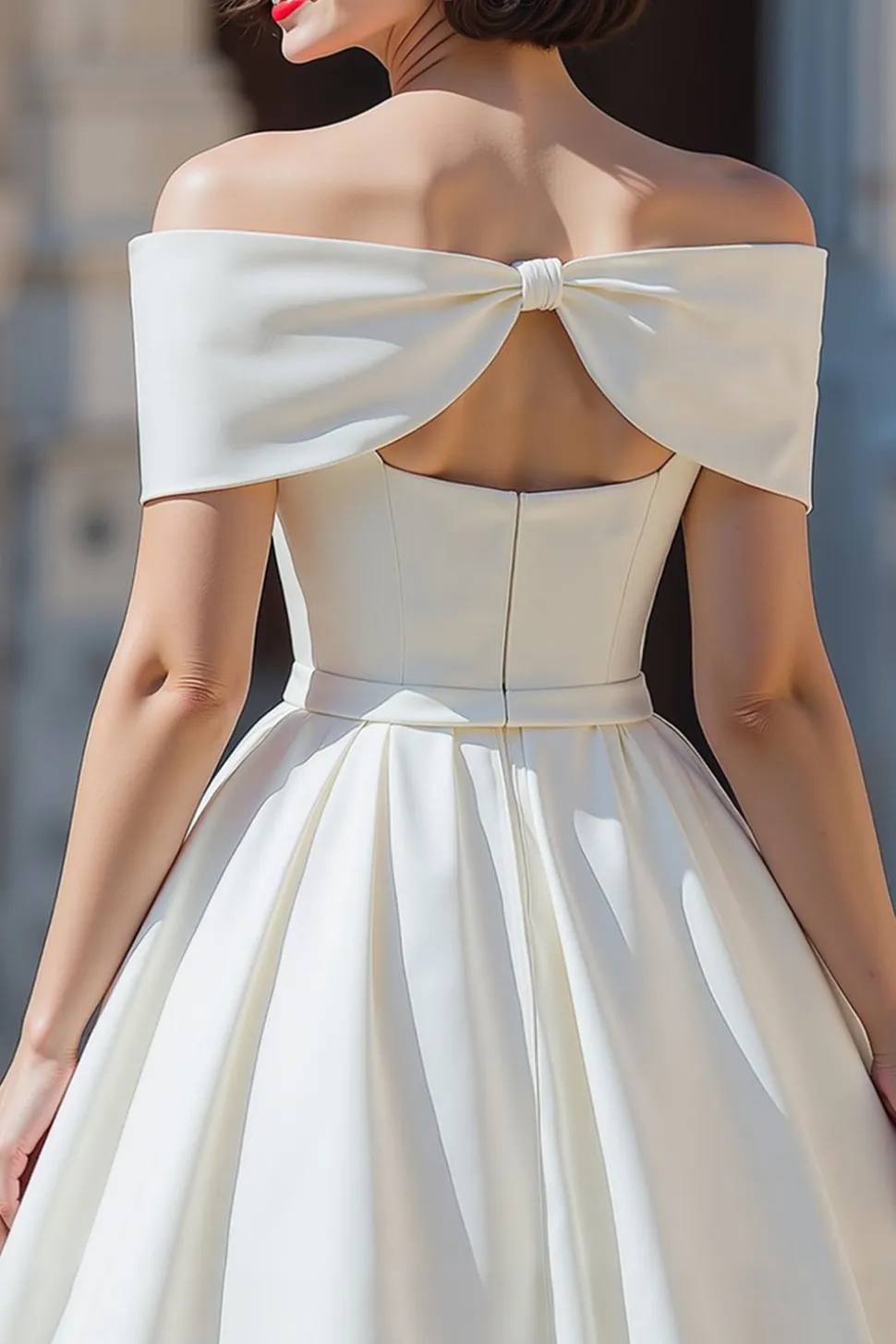 Cetim Branco Sobre os Ombros A Linha Curta Vestido de Noiva com Laços