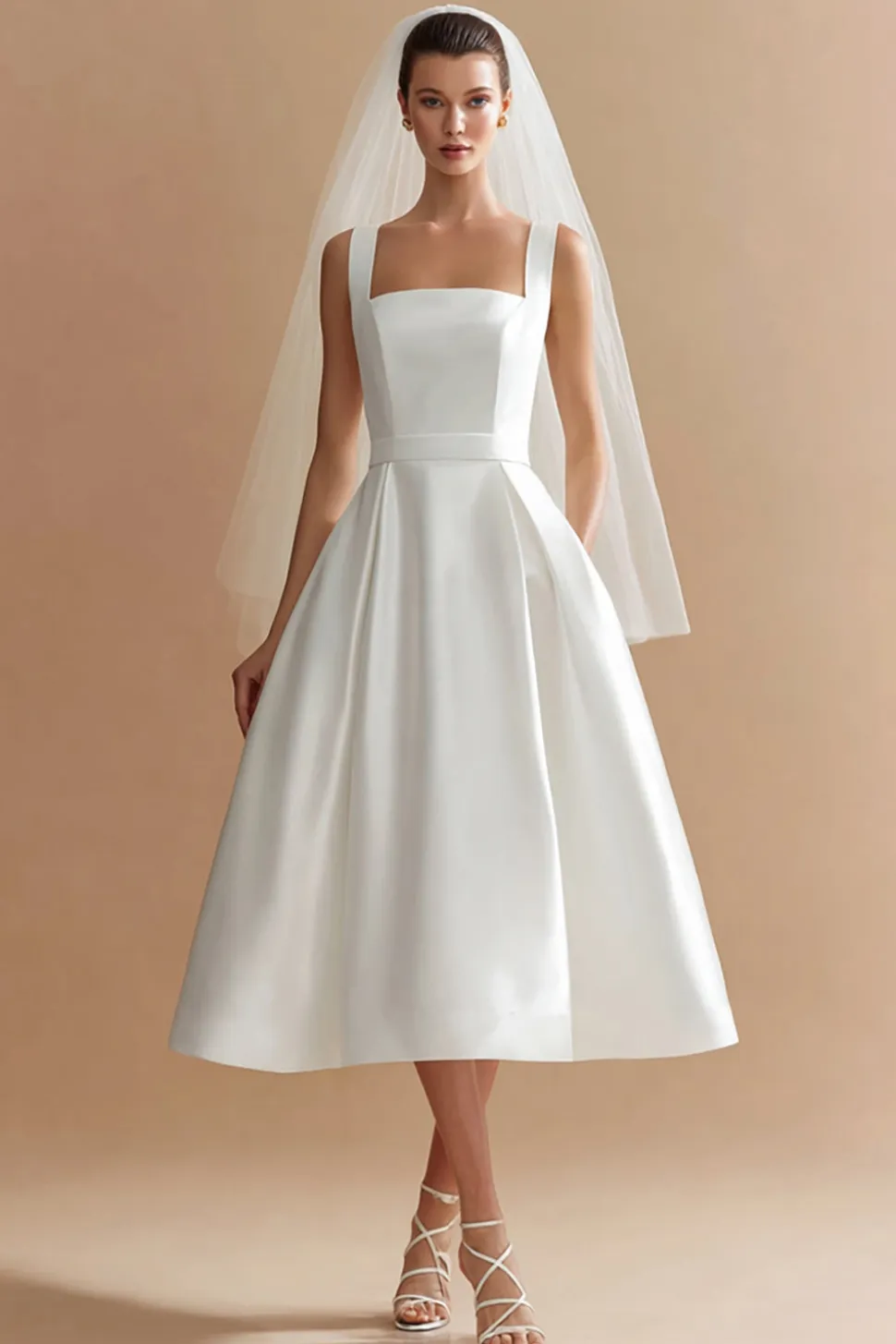 Cetim branco uma linha de pescoço quadrado midi vestido de noiva