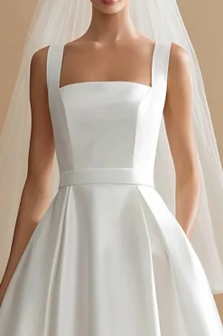 Cetim branco uma linha de pescoço quadrado midi vestido de noiva