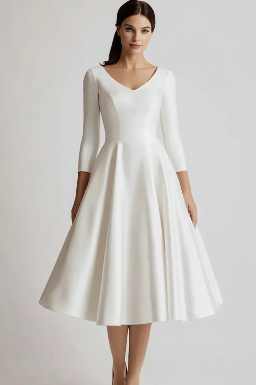 Cetim Branco Uma Linha V-Neck Midi Vestido de Noivado com 3/4 Mangas