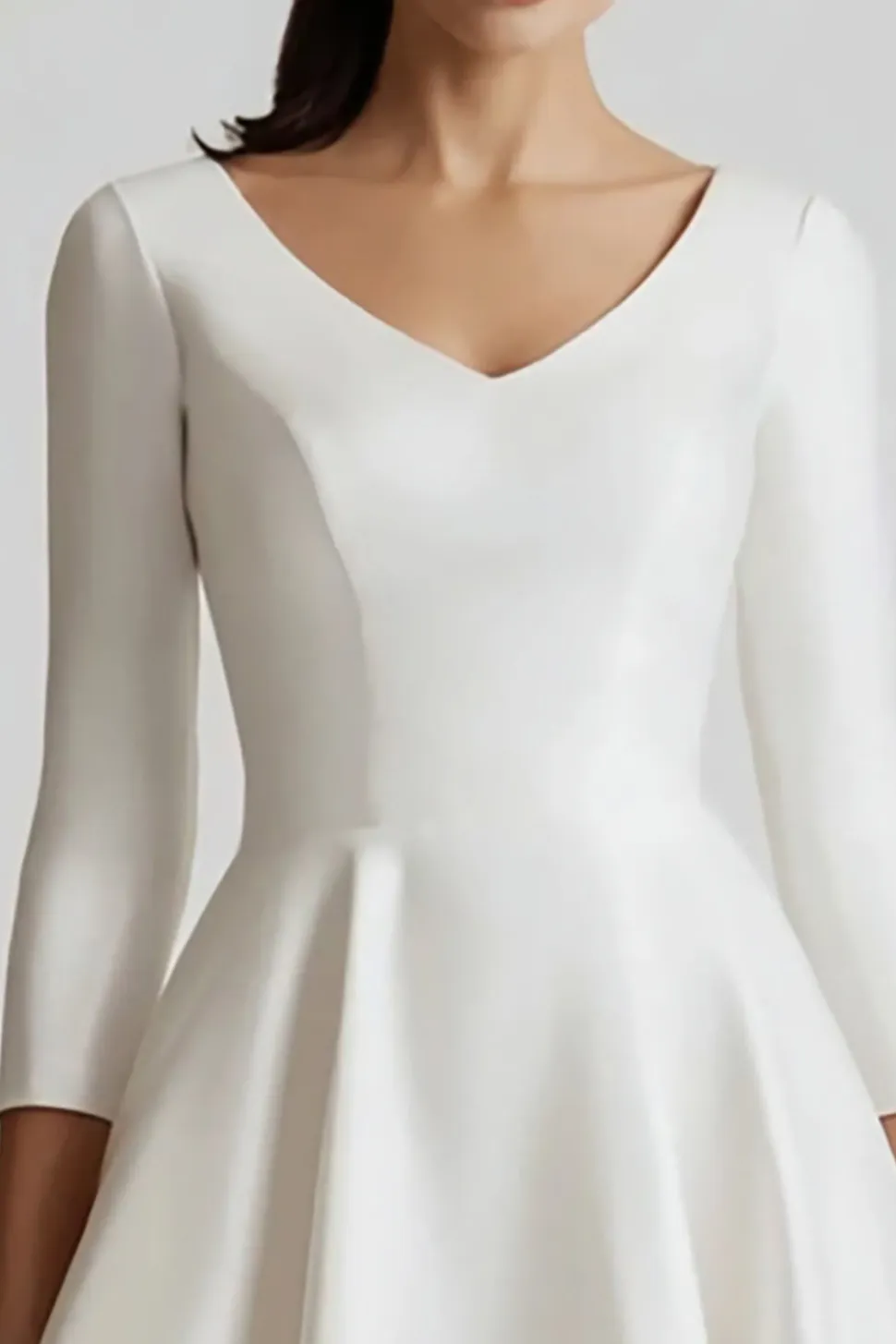 Cetim Branco Uma Linha V-Neck Midi Vestido de Noivado com 3/4 Mangas