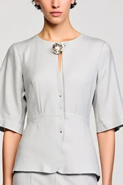Cetim Cinzento 2 Peças Round Neck Midi Business Suits com Meia Manga