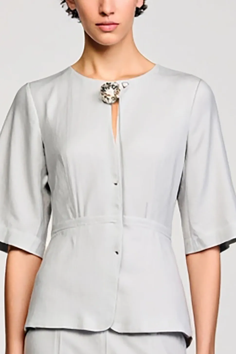 Cetim Cinzento 2 Peças Round Neck Midi Business Suits com Meia Manga