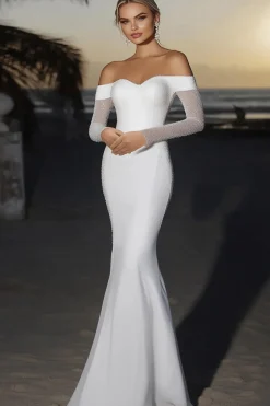 Cetim de marfim elegante fora do ombro sereia vestido de noiva longo com mangas compridas