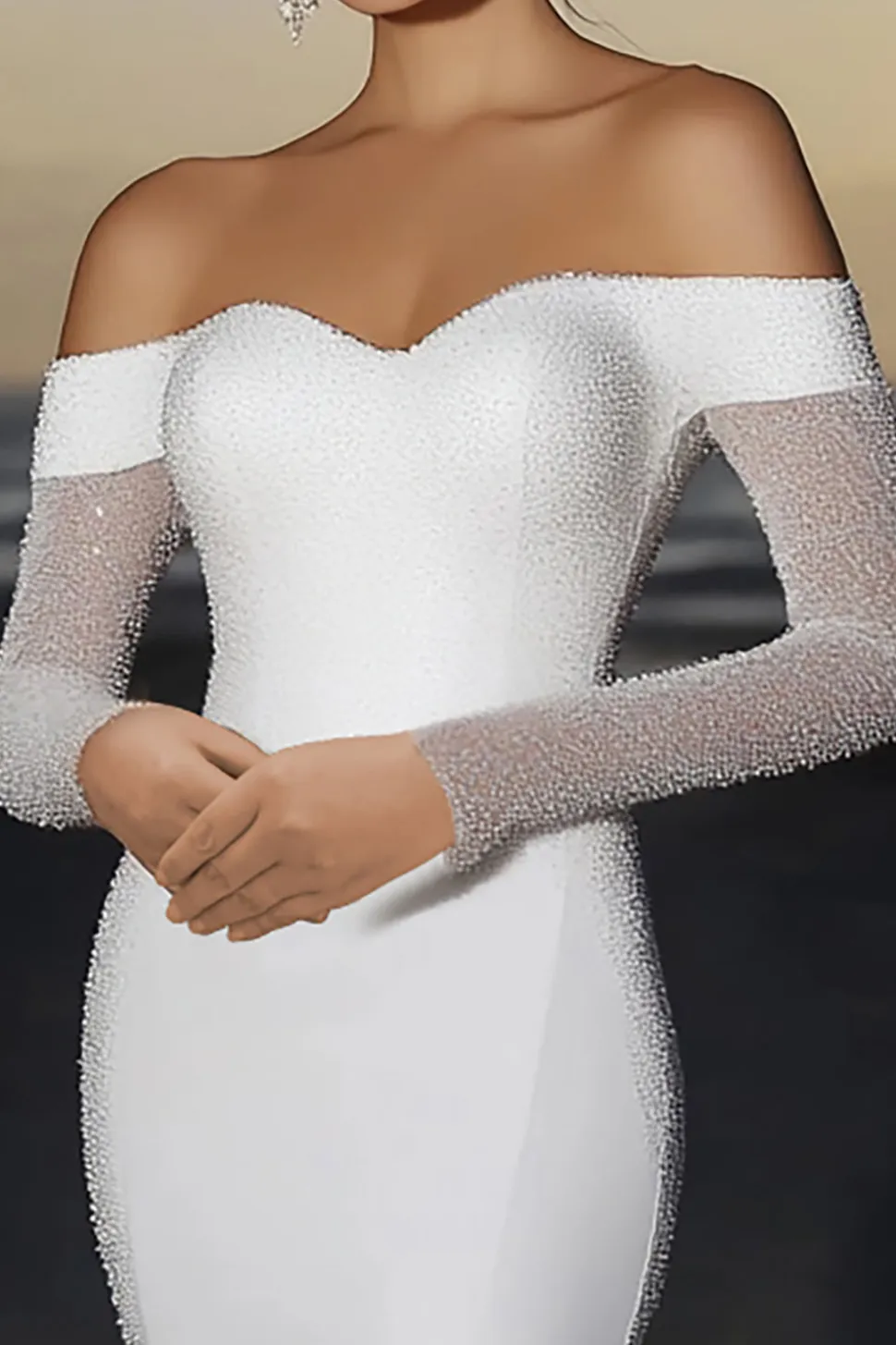 Cetim de marfim elegante fora do ombro sereia vestido de noiva longo com mangas compridas