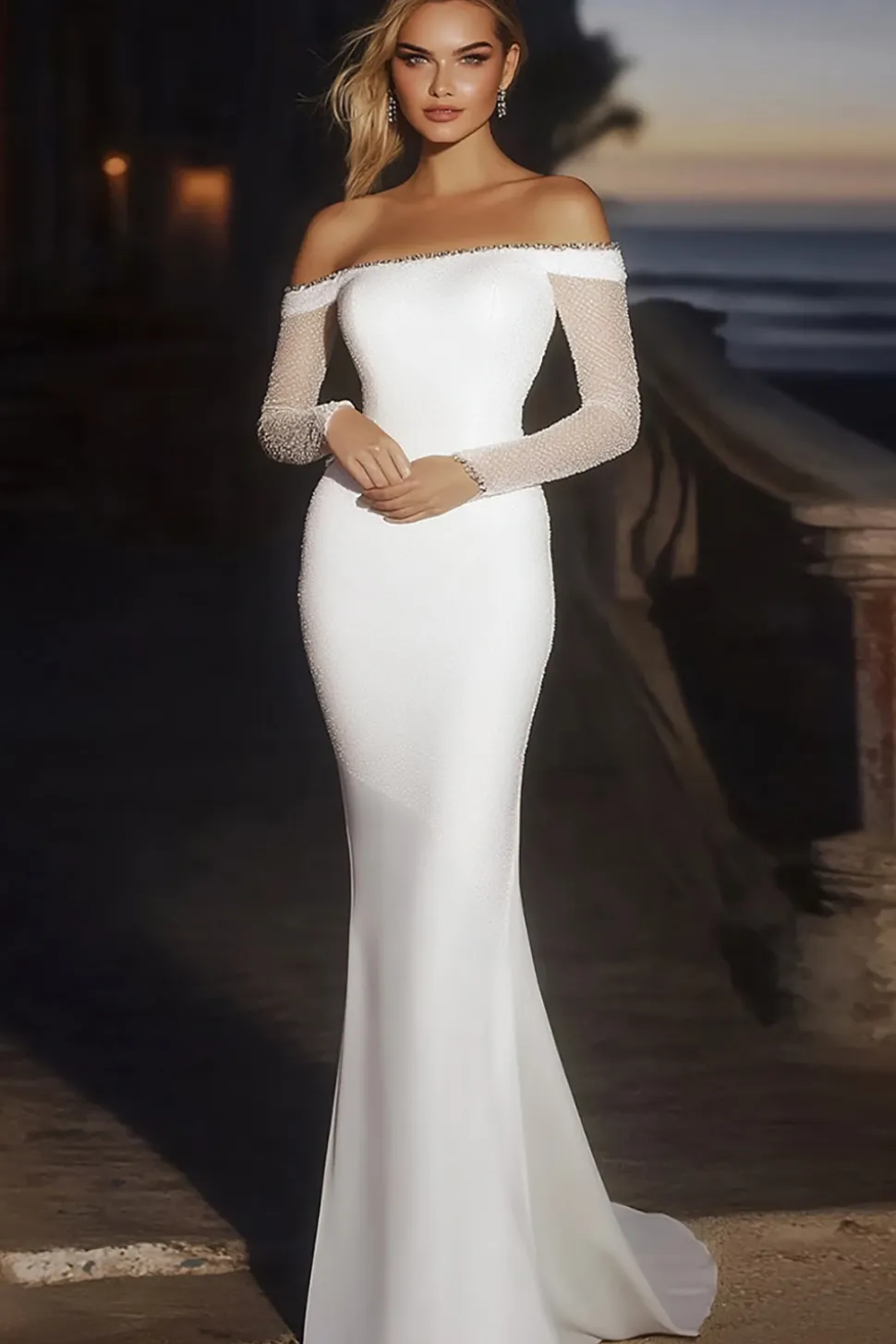 Cetim de marfim elegante fora do ombro sereia vestido de noiva longo com mangas compridas