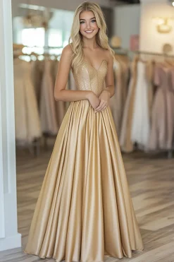 Cetim Dourado Querida Uma Linha Ruched Prom Dress com Missangas