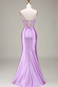 Cetim Esparguete Correias Lilás Vestido de Baile com Espartilho