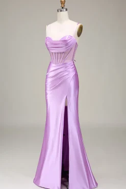 Cetim Esparguete Correias Lilás Vestido de Baile com Espartilho