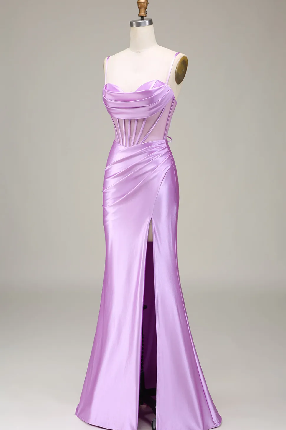 Cetim Esparguete Correias Lilás Vestido de Baile com Espartilho