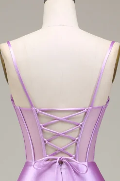 Cetim Esparguete Correias Lilás Vestido de Baile com Espartilho