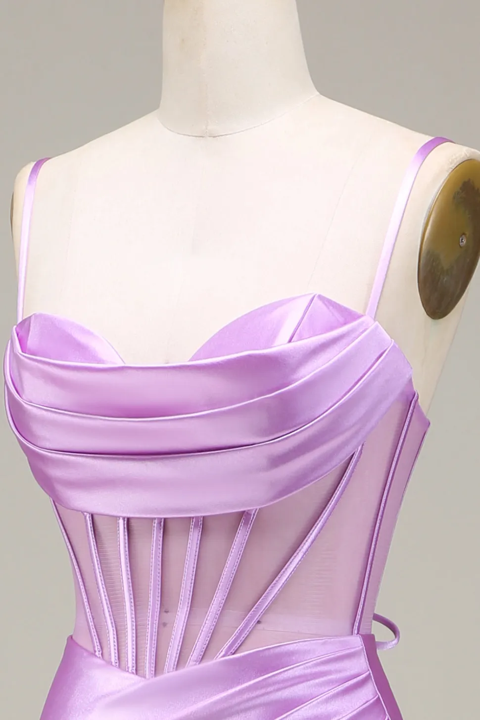 Cetim Esparguete Correias Lilás Vestido de Baile com Espartilho