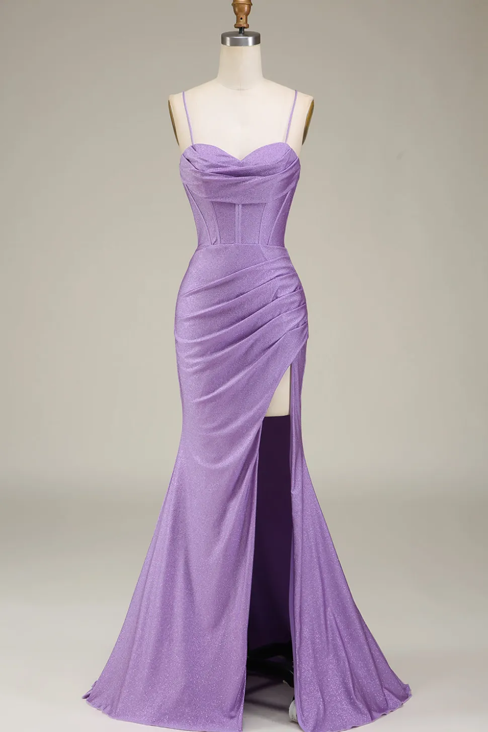 Cetim Esparguete Correias Lilás Vestido de Baile com Espartilho