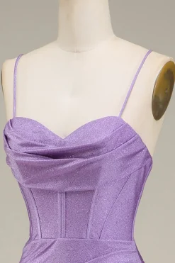 Cetim Esparguete Correias Lilás Vestido de Baile com Espartilho