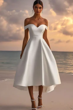 Cetim Fora do Ombro Midi Cetim Vestidos de Noiva