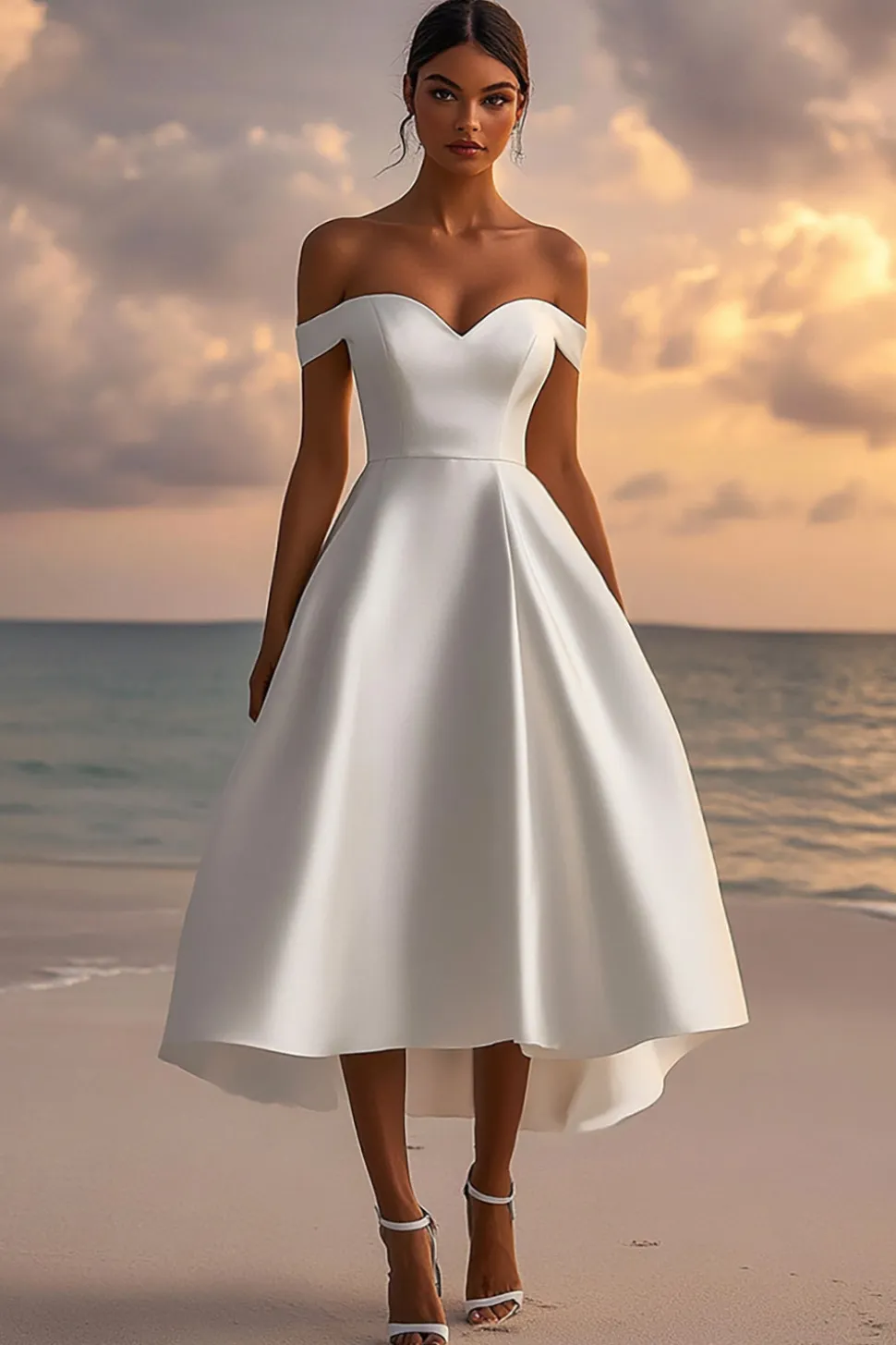 Cetim Fora do Ombro Midi Cetim Vestidos de Noiva