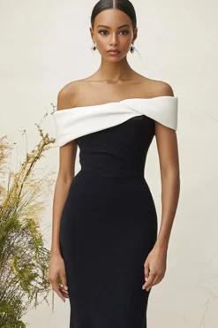 Cetim fosco fora do ombro preto coluna vestido formal