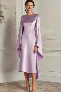 Cetim Lilás Bainha Mangas Compridas Midi Vestido Mae Noiva