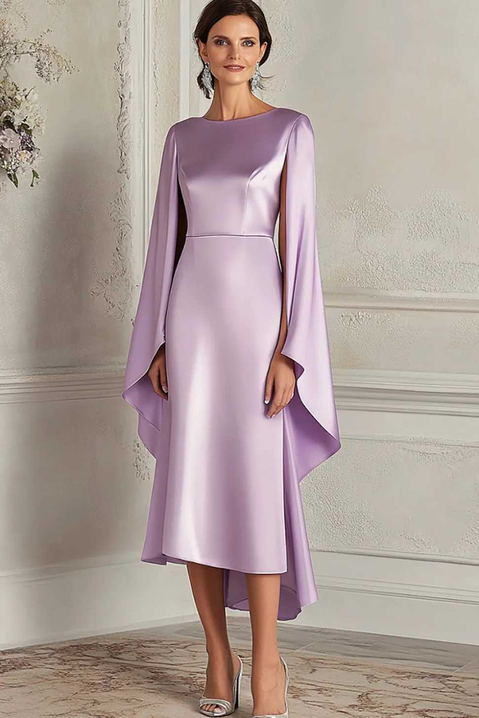Cetim Lilás Bainha Mangas Compridas Midi Vestido Mae Noiva