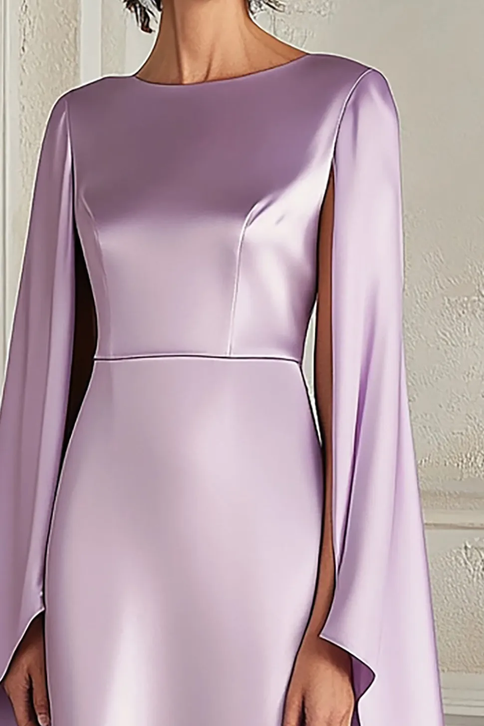 Cetim Lilás Bainha Mangas Compridas Midi Vestido Mae Noiva