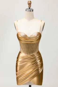Cetim metálico Ruched Golden Bodycon Corset Homecoming Dress com Missangas