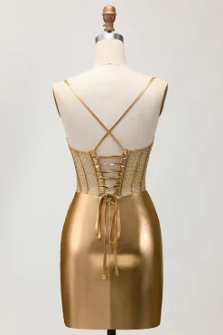 Cetim metálico Ruched Golden Bodycon Corset Homecoming Dress com Missangas