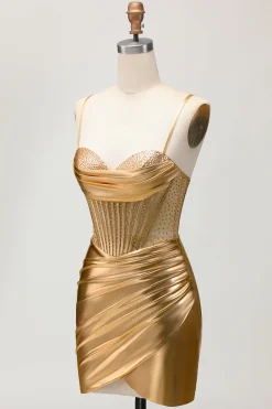 Cetim metálico Ruched Golden Bodycon Corset Homecoming Dress com Missangas