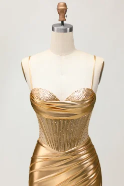 Cetim metálico Ruched Golden Bodycon Corset Homecoming Dress com Missangas