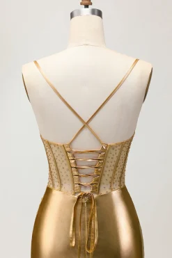 Cetim metálico Ruched Golden Bodycon Corset Homecoming Dress com Missangas