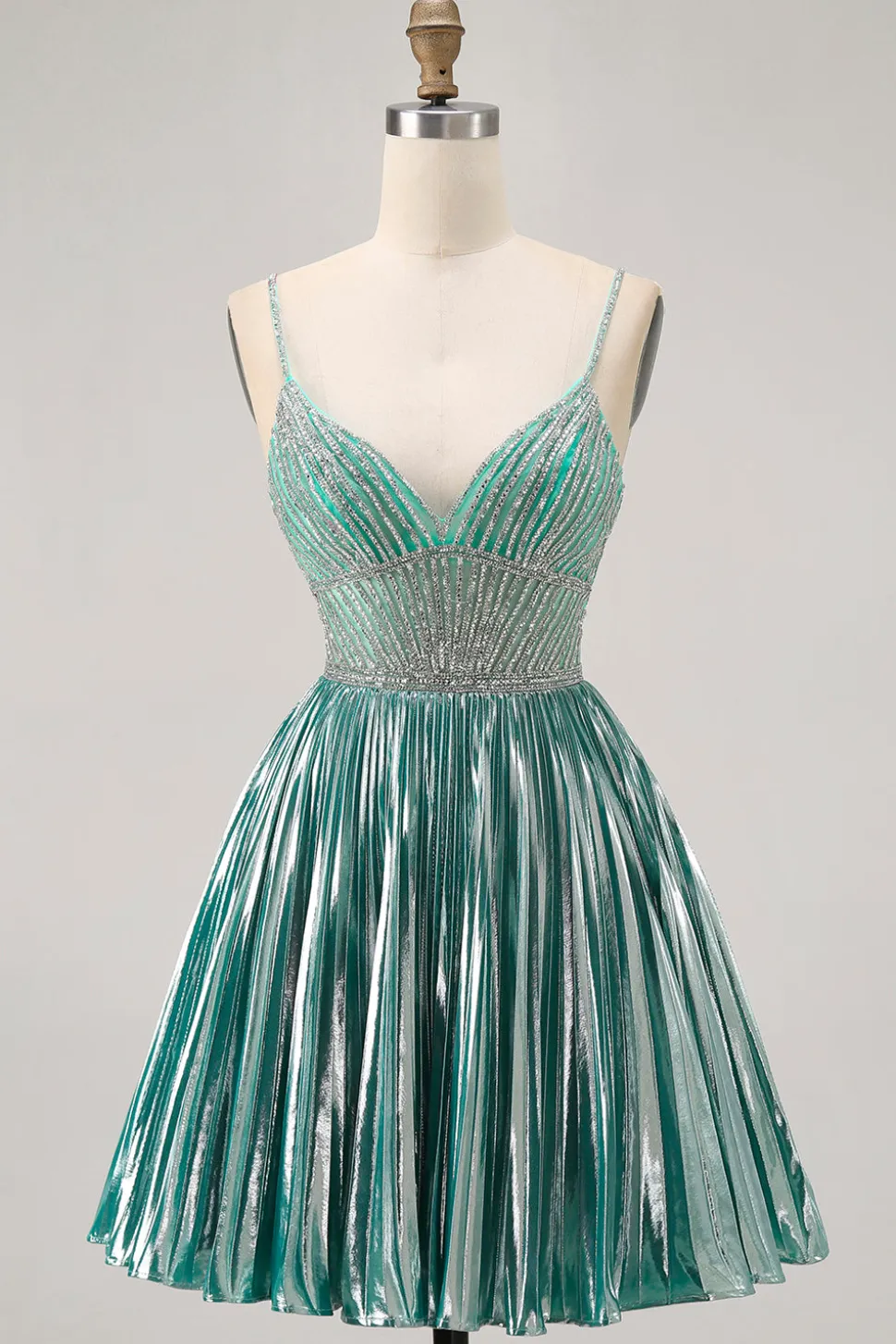 Cetim Metálico Verde Uma Linha Esparguete Correias Sequins Vestido Curto Homecoming