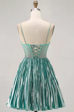 Cetim Metálico Verde Uma Linha Esparguete Correias Sequins Vestido Curto Homecoming