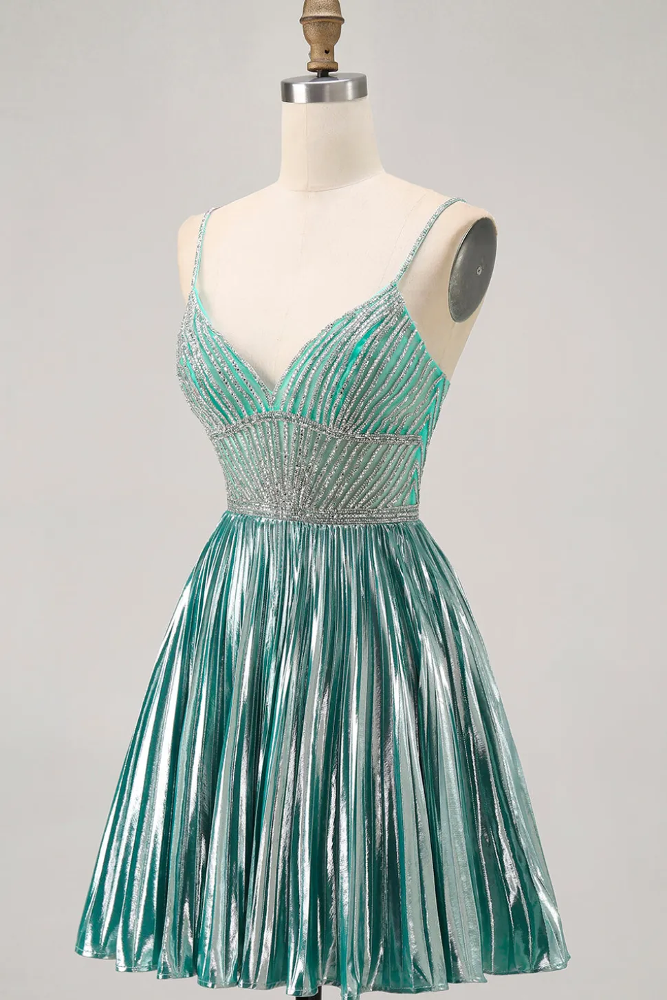 Cetim Metálico Verde Uma Linha Esparguete Correias Sequins Vestido Curto Homecoming