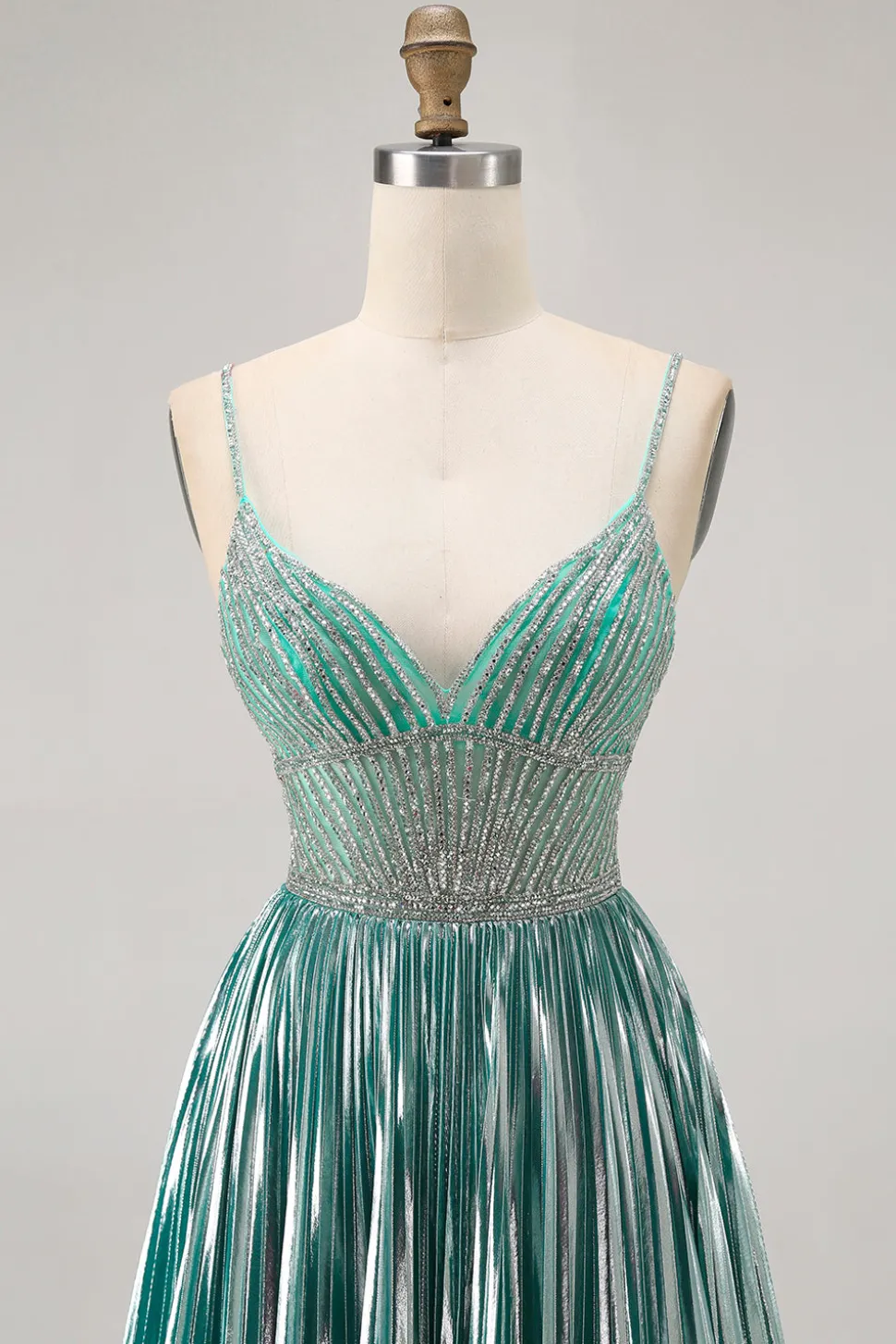 Cetim Metálico Verde Uma Linha Esparguete Correias Sequins Vestido Curto Homecoming