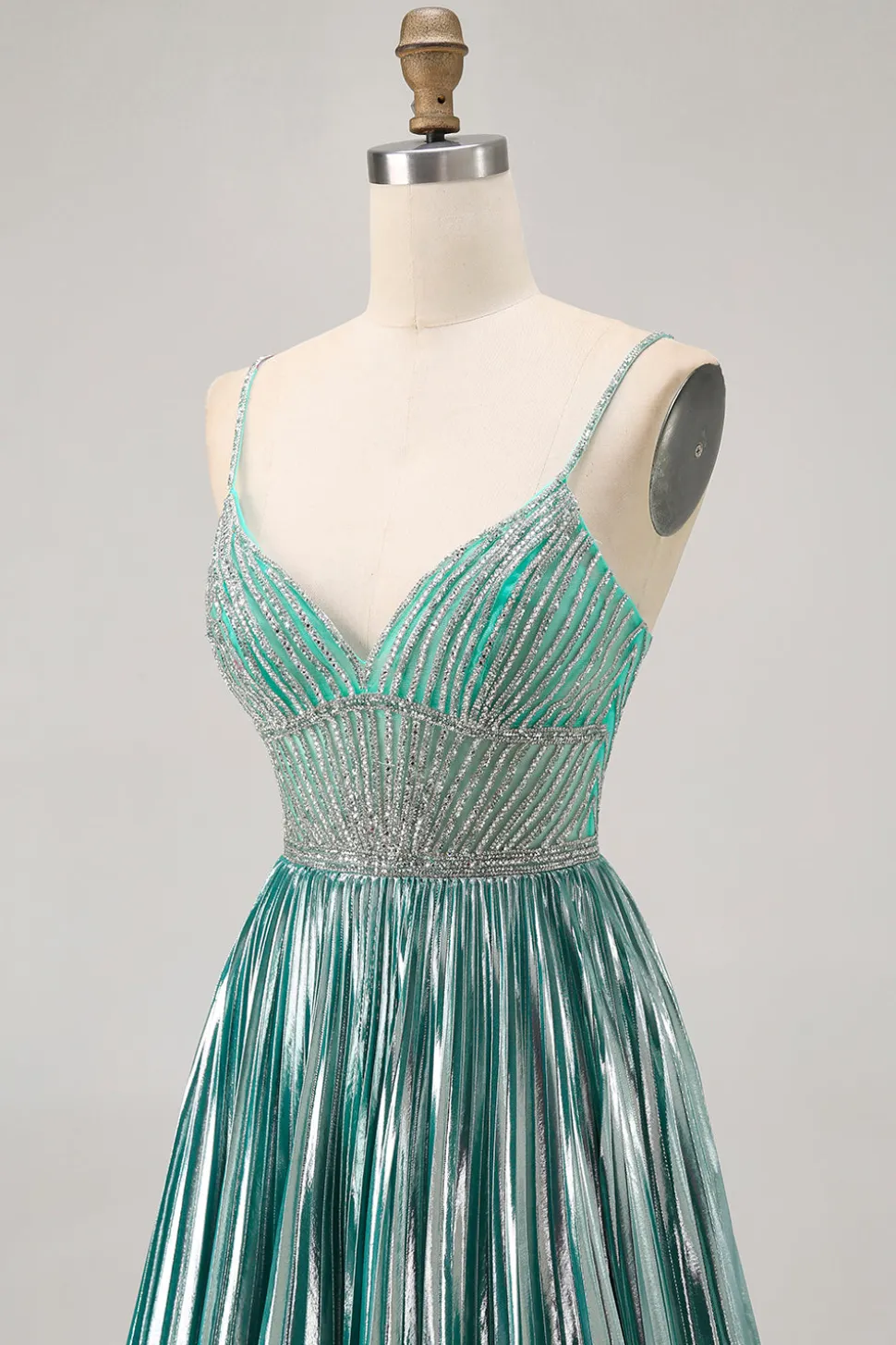 Cetim Metálico Verde Uma Linha Esparguete Correias Sequins Vestido Curto Homecoming