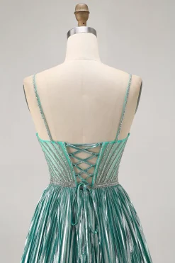 Cetim Metálico Verde Uma Linha Esparguete Correias Sequins Vestido Curto Homecoming