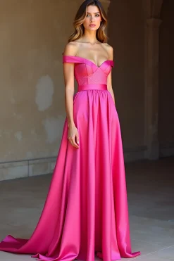 Cetim Off The Shoulder Uma Linha Fuchsia Vestido de Baile Simples