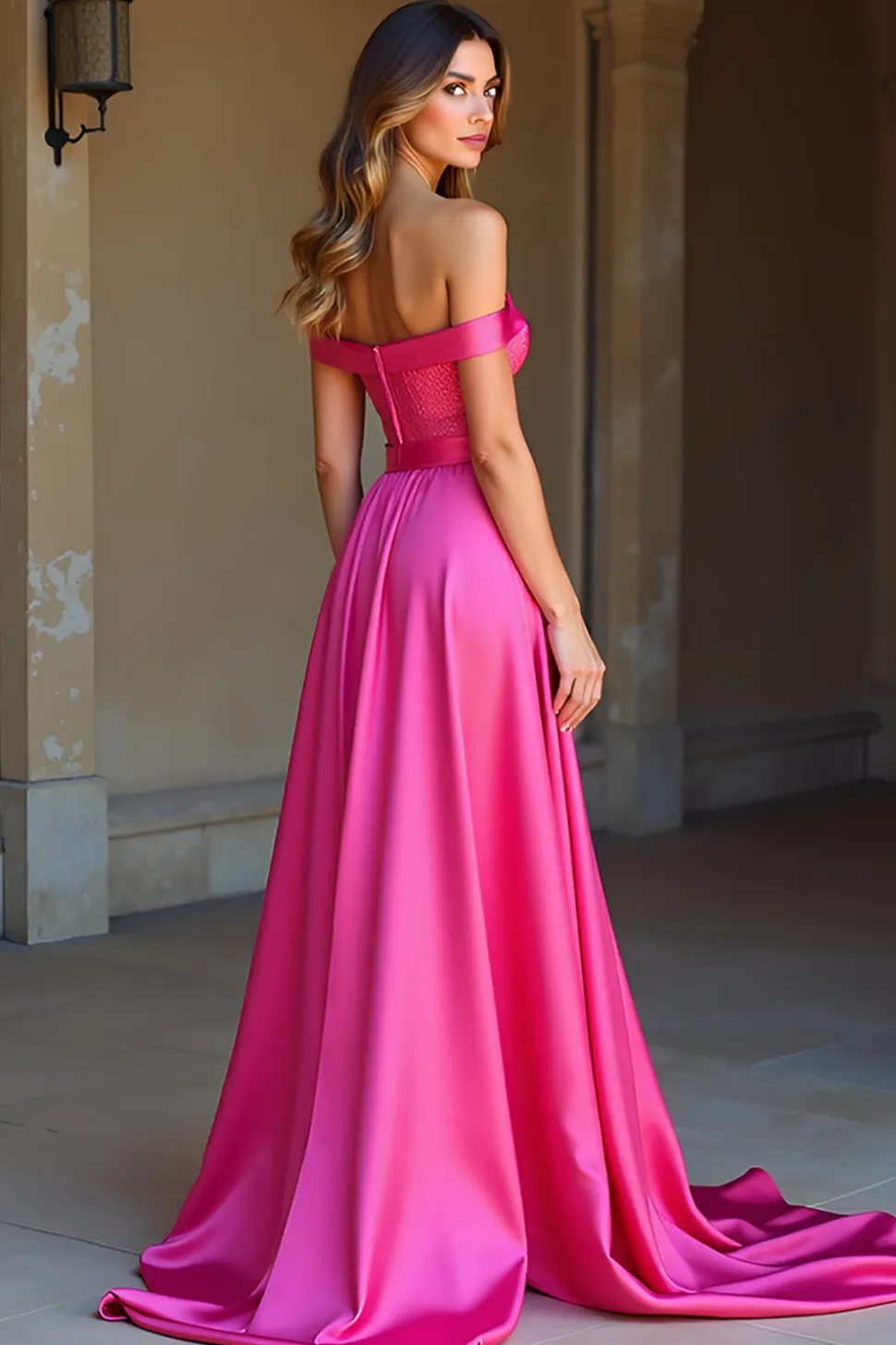Cetim Off The Shoulder Uma Linha Fuchsia Vestido de Baile Simples
