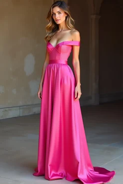 Cetim Off The Shoulder Uma Linha Fuchsia Vestido de Baile Simples