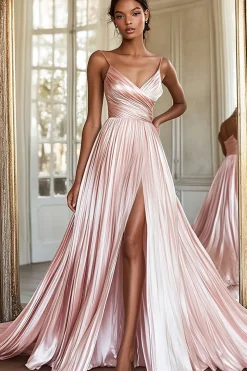 Cetim plissado rosa V pescoço uma linha vestido de baile com fenda