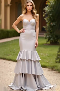 Cetim prata longa sereia querida vestido de baile com babados