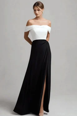 Cetim preto branco fora do ombro vestido formal com fenda