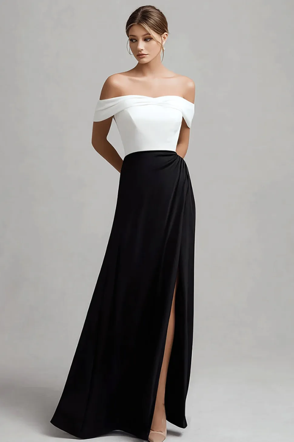 Cetim preto branco fora do ombro vestido formal com fenda