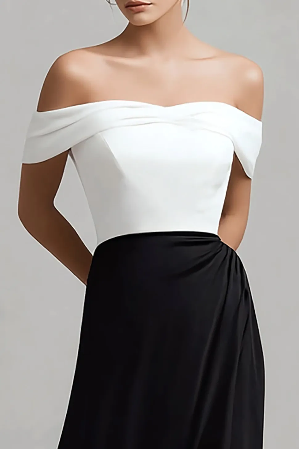 Cetim preto branco fora do ombro vestido formal com fenda