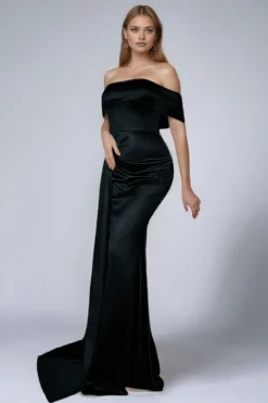 Cetim preto fora do ombro sereia vestido formal