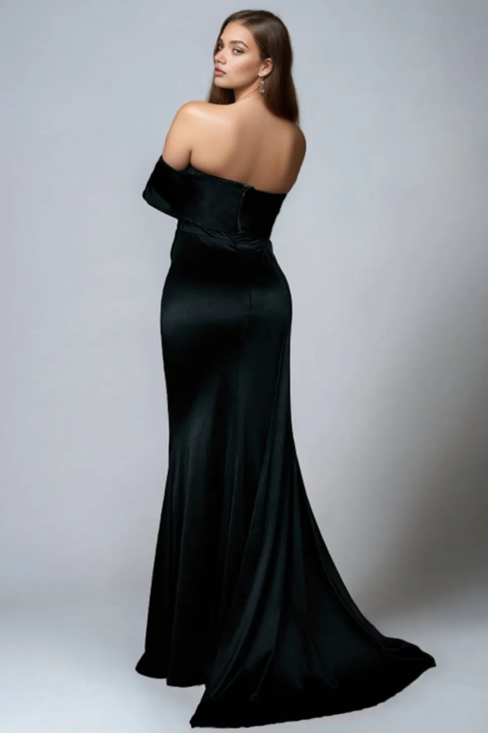 Cetim preto fora do ombro sereia vestido formal