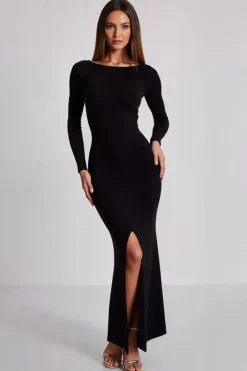 Cetim Preto Pescoço de Barco Sereia Mangas Compridas Vestidos Cerimónia com Fenda