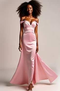 Cetim rosa fora do ombro longo vestido de baile com fenda