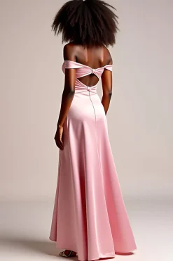 Cetim rosa fora do ombro longo vestido de baile com fenda