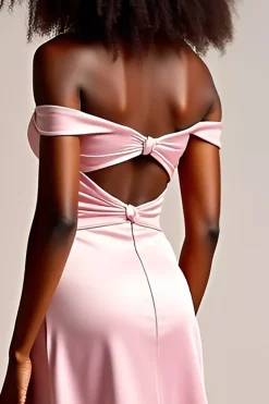Cetim rosa fora do ombro longo vestido de baile com fenda